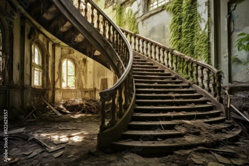 Sunlit, decrepit staircase in an abandoned mansion, with ivy creeping over peeling walls © juliars