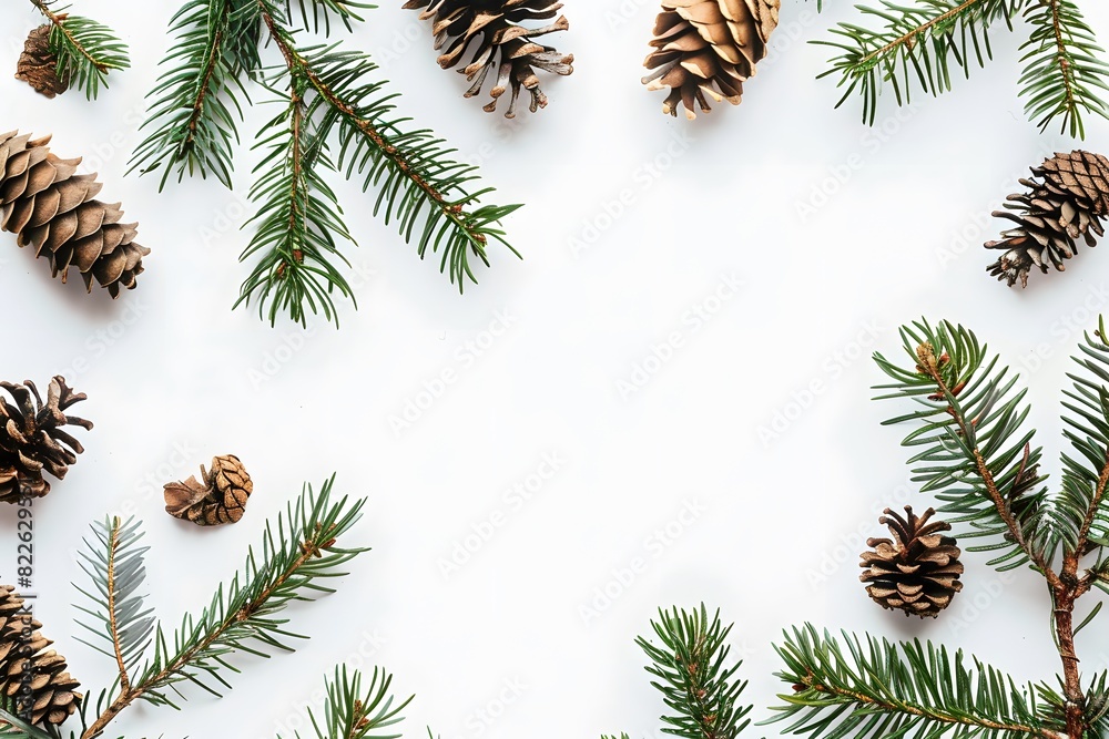 Minimalist Green Pine Branches and Cones on White Background Minimalist Green Pine Branches and Cones on White Background