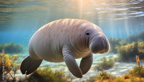 manatee swimming in clear water photo