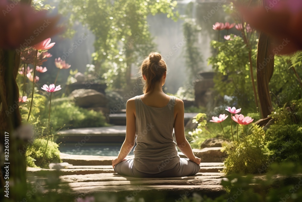 A woman is sitting on a bridge in a garden, surrounded by flowers A woman is sitting on a bridge in a garden, surrounded by flowers