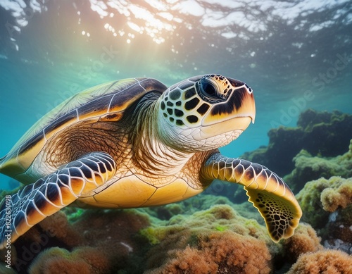 photograph of a green sea turtle in the ocean