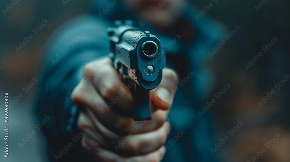 A man is holding a gun and pointing it at the camera, armed robber or dangerous burglar A man is holding a gun and pointing it at the camera, armed robber or dangerous burglar