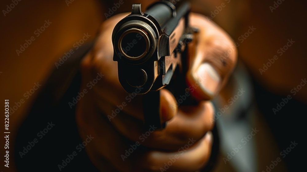A man is holding a gun and pointing it at the camera, armed robber or dangerous burglar A man is holding a gun and pointing it at the camera, armed robber or dangerous burglar