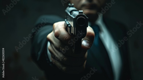 A man is holding a gun and pointing it at the camera, armed robber or dangerous burglar © Space Priest