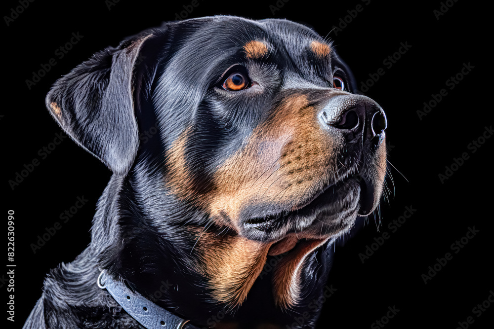Rottweiler in studio setting against black backdrop, showcasing their playful and charming personalities in professional photoshoot.