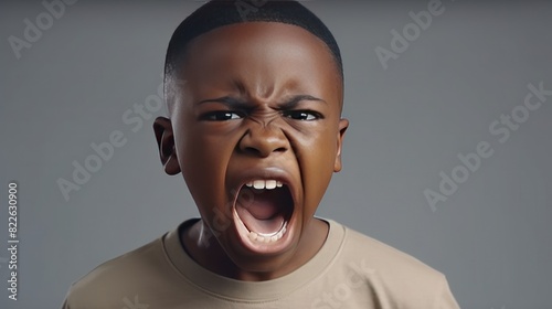 Angry irritated African American boy. Full of rage. Emotional portrait of an upset preteen boy screaming in anger. Requirements for parents. Wrong perception. Hysterics. photo