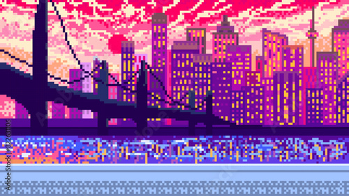 Modern city. Bridge and skyscrapers and clouds. Pixel art 8 bit objects. Pink landscape background for the application or a website. Retro game poster. Vintage banner for computer video arcades.