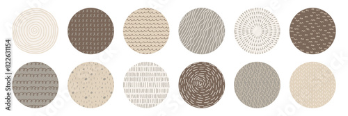 Set of highlight cover icons for social media. Circles with doodle drawn texture. Natural colors. Modern abstract background