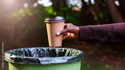 Closeup of a woman hand throwing paper coffee cup into the recycling bin to clean up, blurred background, ai generated