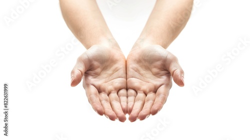 Hands Cupping. Woman's Open Hands Cupped in Caring Gesture on White Background