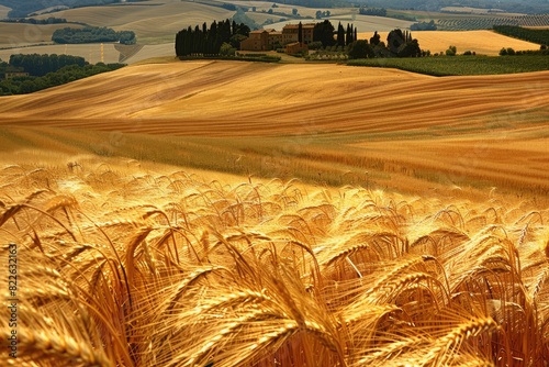 Fields of Wheat in Tuscany Landscape. Summer Agriculture in Italian Rural Farm