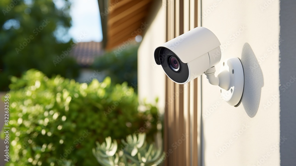 A white security camera is mounted on a wall A white security camera is mounted on a wall