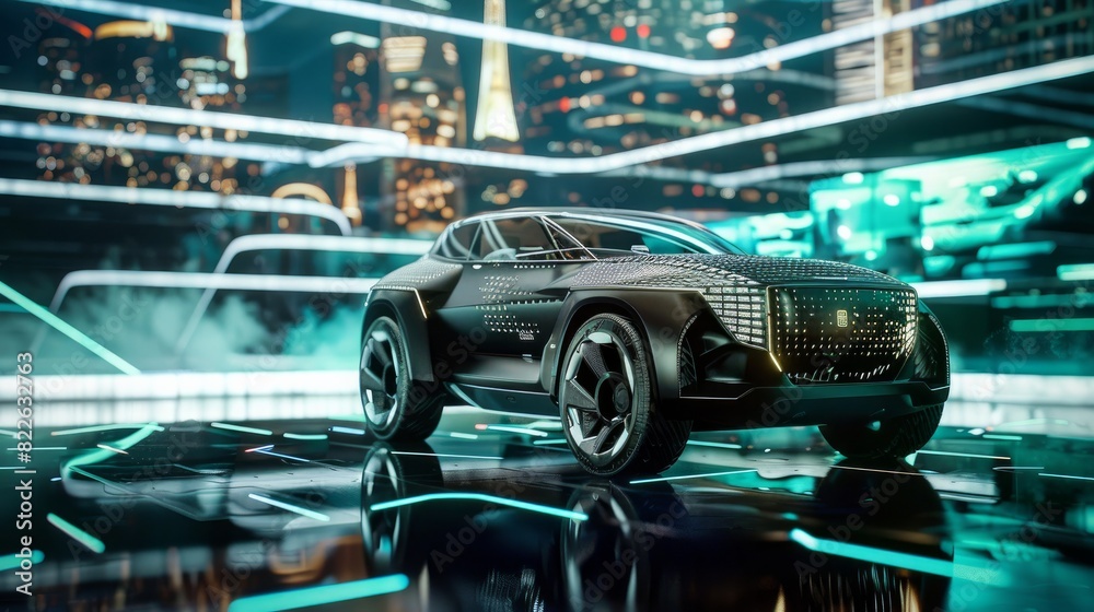 A futuristic SUV advances in front of the background image details of the vision system