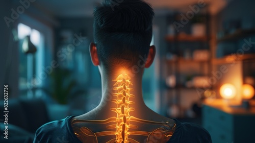 A man s neck is glowing with a skeleton  acute pain zone concept