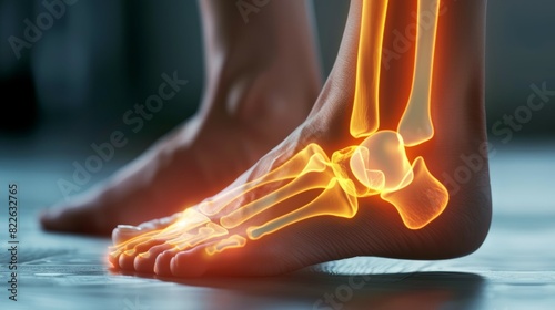 A person's foot is shown in a skeleton form with the bones of the foot, acute pain zone concept photo