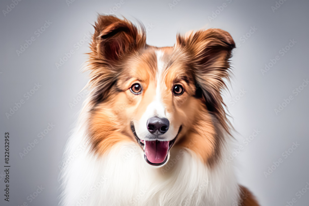 collie in studio setting against white backdrop, showcasing their playful and charming personalities in professional photoshoot.
