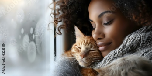 An African American woman peacefully cuddles a ginger cat by a frosty window. Concept Pets, Relaxation, Portrait Photography, Cozy, Winter photo