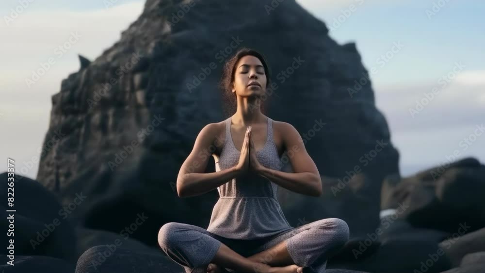 A woman practices meditation in a serene mountainous landscape at dawn, embodying peace, mindfulness, tranquility, and connection to nature. Ideal for concepts of wellness, calm, and inner balance.