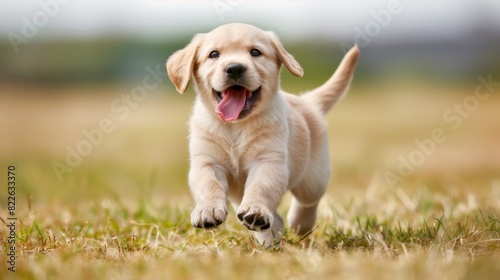 Playful labrador puppy running in sunlit grassy field, tongue out, enjoying sunny day photo