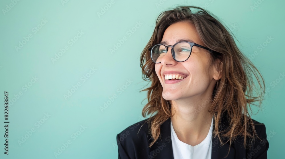 Young happy cheerful professional business woman, happy laughing female office worker wearing glasses looking away, light green background, 16:9 Young happy cheerful professional business woman, happy laughing female office worker wearing glasses looking away, light green background, 16:9