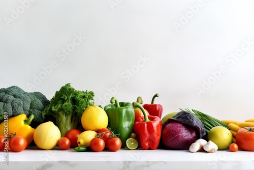 A variety of vegetables and fruits are displayed on a table