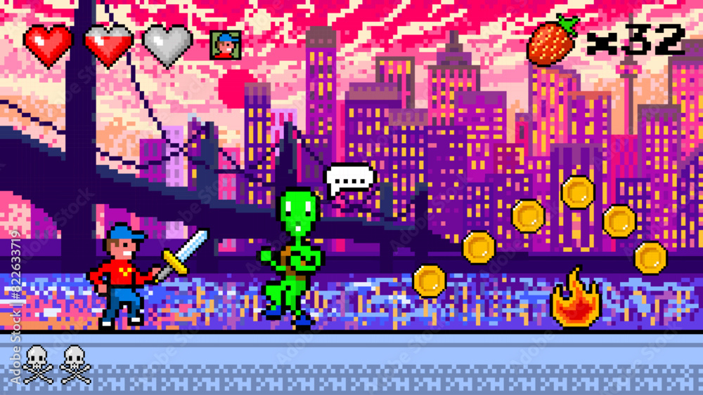 Obraz premium Pixel Modern city. The game character collects coins. Passing levels and number of lives. art 8 bit objects. Background for the application or a website. Retro game poster for computer video arcades.