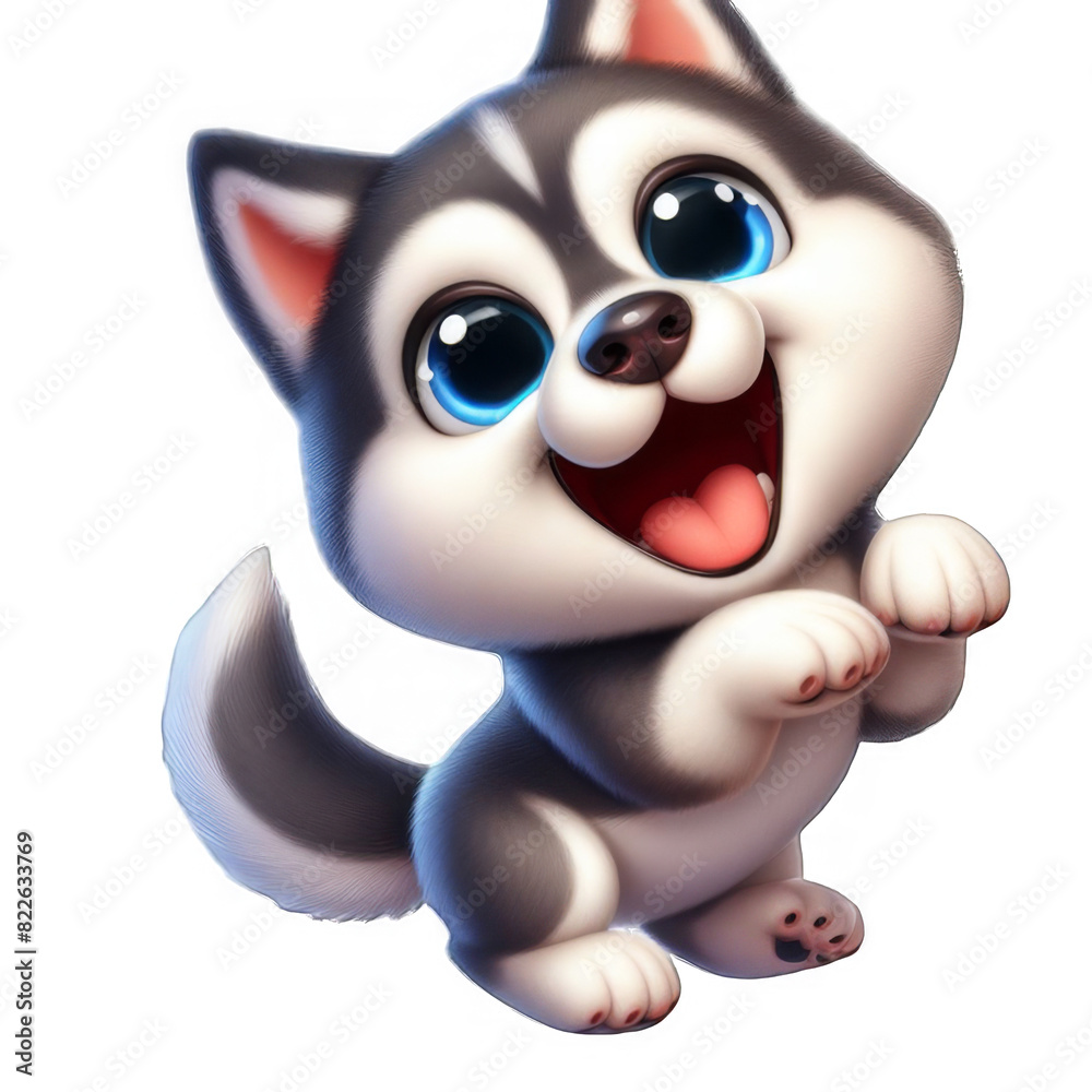 Funny and playful husky or pet dog is playing and jumping and looks happy isolated on transparent background. Little husky dog pretending. Cute and happy crazy dog ​​head smiling on transparent png