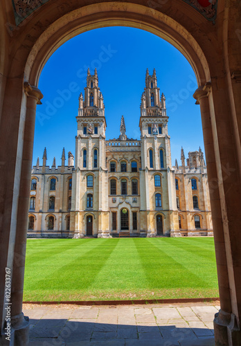 Front vertical view of All Souls College, University of Oxford on a sunny day, in England, Great Britain