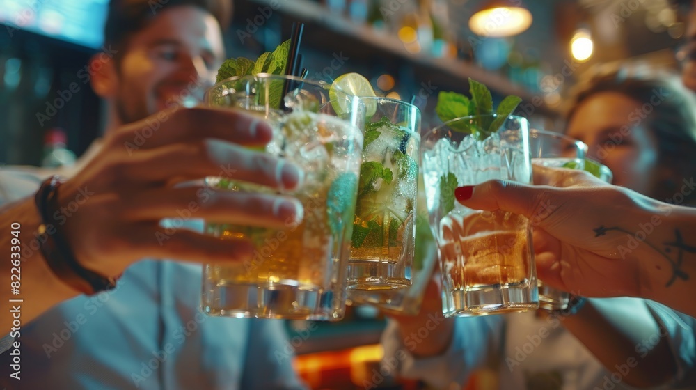 Cheering over mojitos in a happy group of friends at the restaurant cocktail bar - Young people enjoying themselves while sipping cocktails during happy hour at a pub - Youth concept and party time Cheering over mojitos in a happy group of friends at the restaurant cocktail bar - Young people enjoying themselves while sipping cocktails during happy hour at a pub - Youth concept and party time