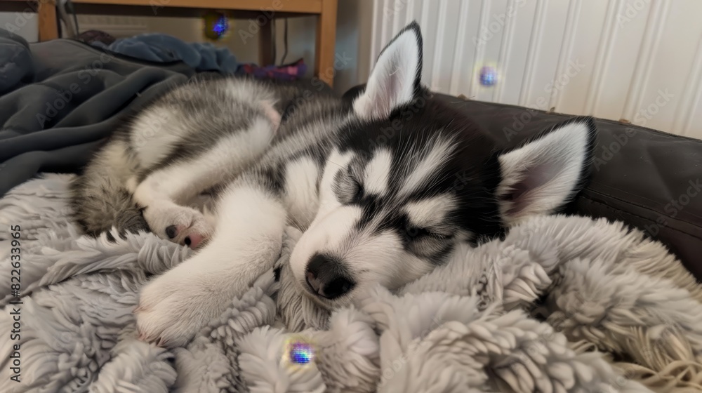 Adorable husky puppy peacefully resting in a cozy armchair covered by a soft fuzzy blanket Adorable husky puppy peacefully resting in a cozy armchair covered by a soft fuzzy blanket