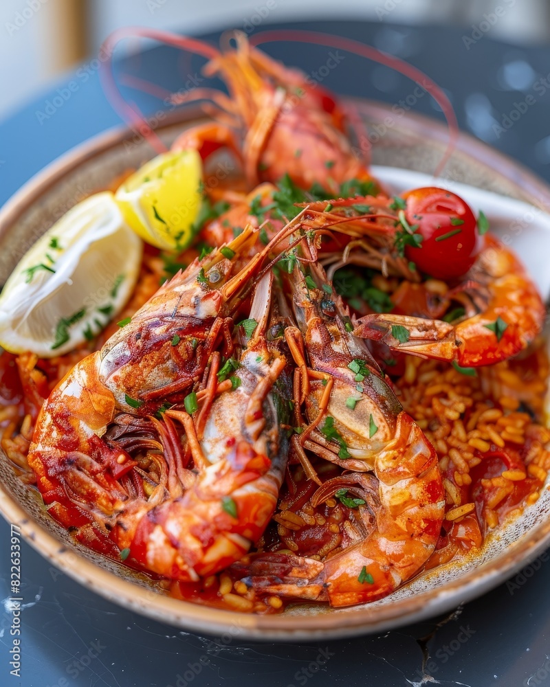 Delicious seafood paella with fresh ingredients and squeeze of tangy lemon in food photography Delicious seafood paella with fresh ingredients and squeeze of tangy lemon in food photography