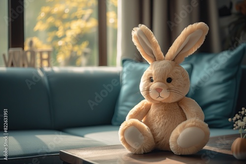Bunny Rabbit Stuffed Animal Plush Plushie Easter Toy Backdrop Indoor Cottage Background Sofa Seat Chair Concept Home Decor House in Springtime Retro Vintage Style Aesthetic