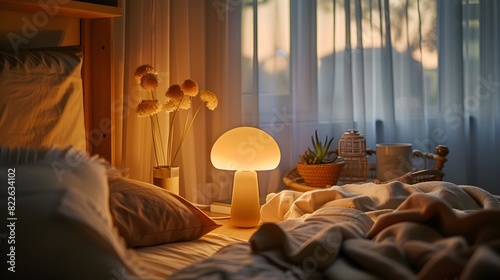 Cozy Bedroom Sanctuary with Whimsical Mushroom Shaped Lamp Casting Soft Glow