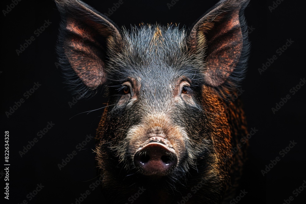 Mystic portrait of Indian Wild Boar studio, copy space on right side, Anger, Menacing, Headshot, Close-up View Isolated on black background Mystic portrait of Indian Wild Boar studio, copy space on right side, Anger, Menacing, Headshot, Close-up View Isolated on black background