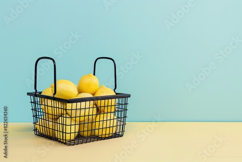 Citrus lemons fruits in black metalic bascket. Summer aesthetic minimalist food background. photo