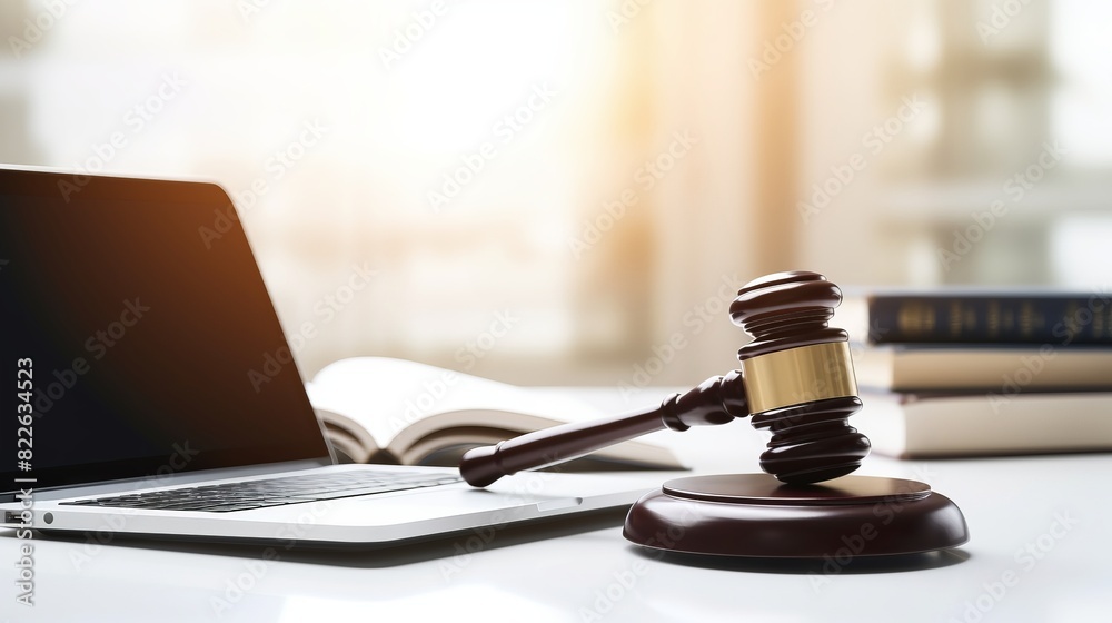 A laptop is on a desk with a gavel and a stack of books A laptop is on a desk with a gavel and a stack of books