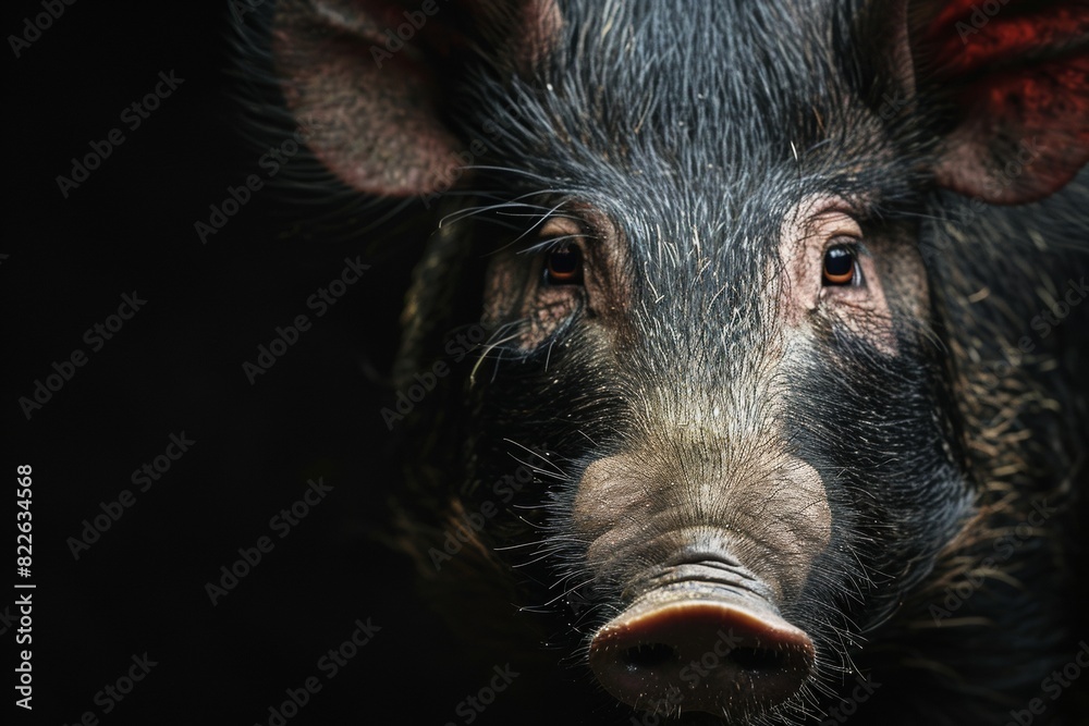 Mystic portrait of Javanese Wild Boar studio, copy space on right side, Anger, Menacing, Headshot, Close-up View Isolated on black background Mystic portrait of Javanese Wild Boar studio, copy space on right side, Anger, Menacing, Headshot, Close-up View Isolated on black background