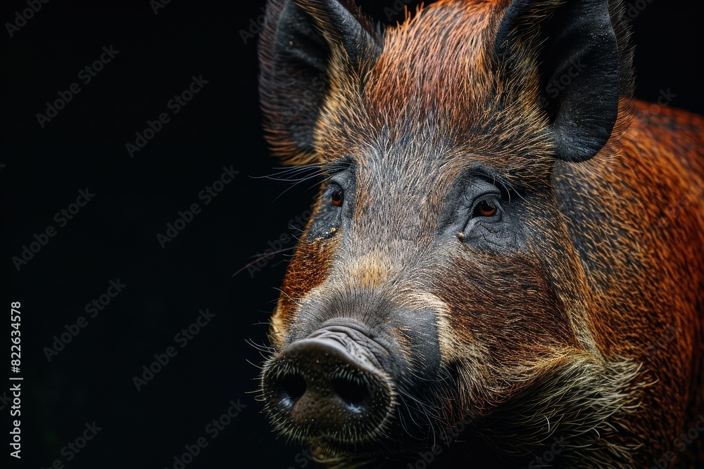 Mystic portrait of Javanese Wild Boar studio, copy space on right side, Anger, Menacing, Headshot, Close-up View Isolated on black background Mystic portrait of Javanese Wild Boar studio, copy space on right side, Anger, Menacing, Headshot, Close-up View Isolated on black background