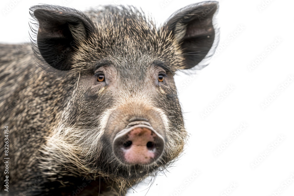 Mystic portrait of Southeast Asian Wild Boar studio, copy space on right side, Anger, Menacing, Headshot, Close-up View Isolated on white background Mystic portrait of Southeast Asian Wild Boar studio, copy space on right side, Anger, Menacing, Headshot, Close-up View Isolated on white background