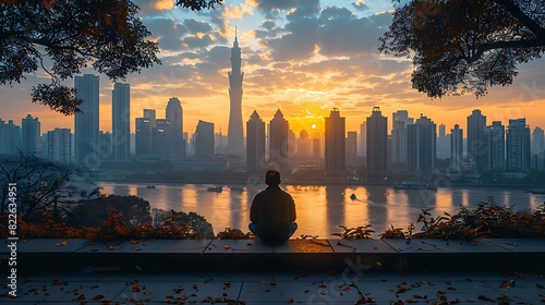 Chinese businessman taking moment of solitude amidst towering skyscraper of Guangzhou captured using HDR photography accentuate contrast between modern urban landscape individual's contemplative state photo