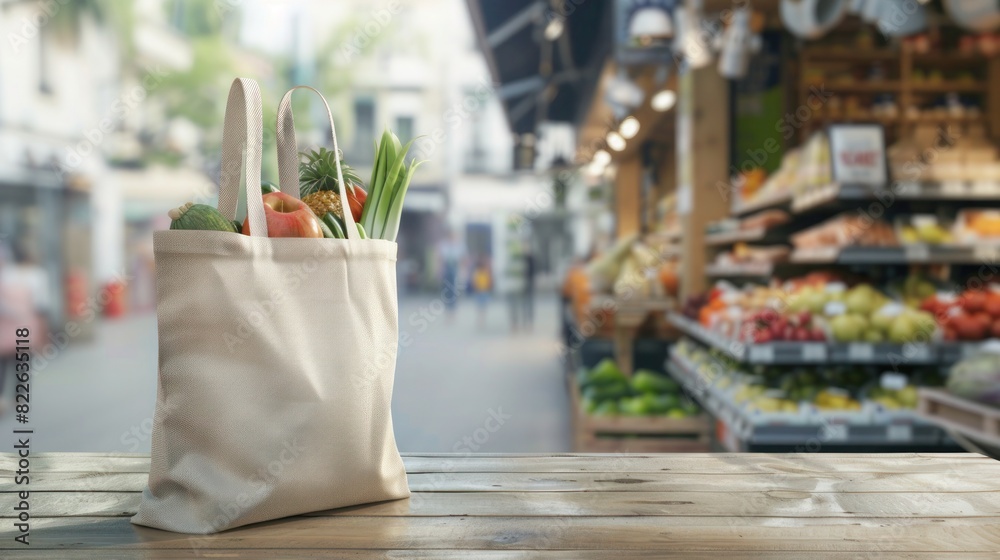 Shopping fabric bag with vegetables and fruits on wooden table against the background of food market Shopping fabric bag with vegetables and fruits on wooden table against the background of food market
