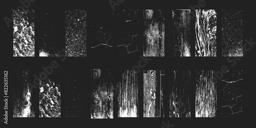 Rough and cracked textures of wood walls and stones set, Natural textures of different surfaces, grunge filters overlay. Vector grainy patterns.