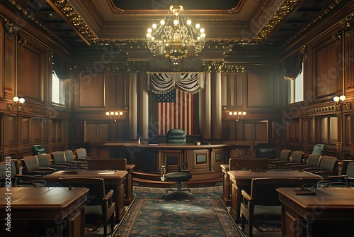 Wide shot of a courtroom with wood paneling and chairs  a large chandelier hanging from the ceiling  an American flag 