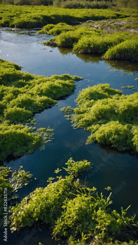 Stunning view from above, river alive with blooming algae. Stunning view from above, river alive with blooming algae.