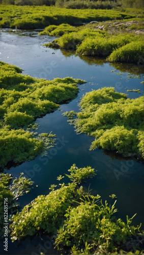 Stunning view from above, river alive with blooming algae. © xKas