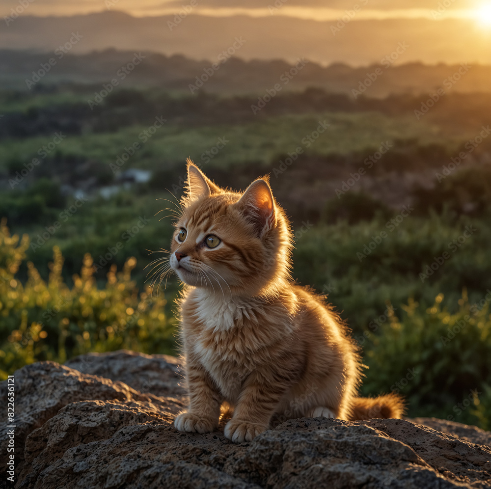 Obraz premium A kitten stands on a rock at sunset.