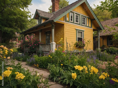 Summer sanctuary, a quaint yellow house embraced by blooming flowers and verdant foliage.