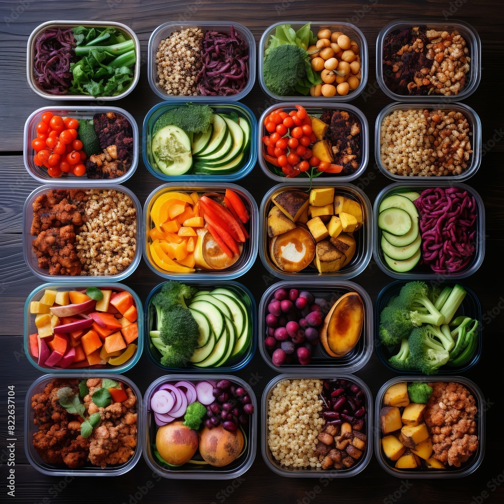 A row of clear containers filled with a variety of fruits and vegetables A row of clear containers filled with a variety of fruits and vegetables