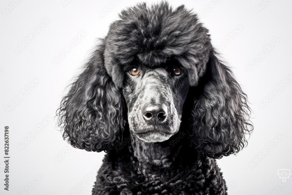 Black poodle in studio setting against white backdrop, showcasing their playful and charming personalities in professional photoshoot. Black poodle in studio setting against white backdrop, showcasing their playful and charming personalities in professional photoshoot.