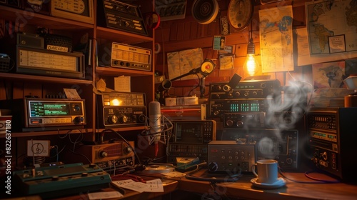 A cozy room with vintage ham radios glowing softly. Shelves of QSL cards, old maps on walls, coffee by a mic. photo
